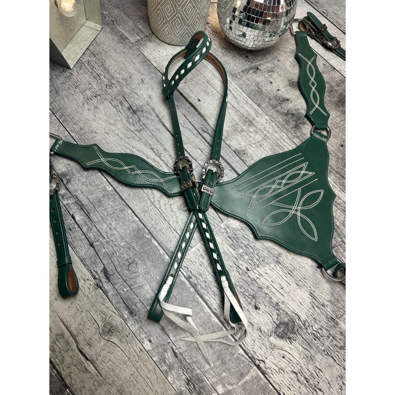 Green Boot Stitch Headstall and Breast Collar Set