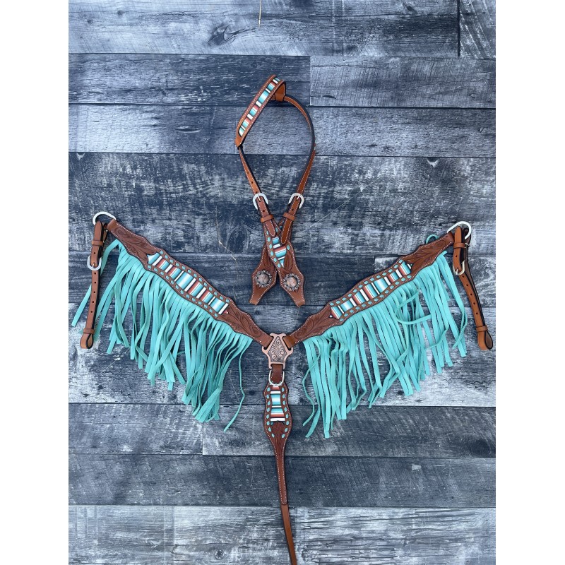 Teal Serape Headstall and Fringe Breast Collar Set