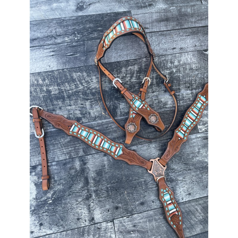 Teal Serape Headstall and Breast Collar Set